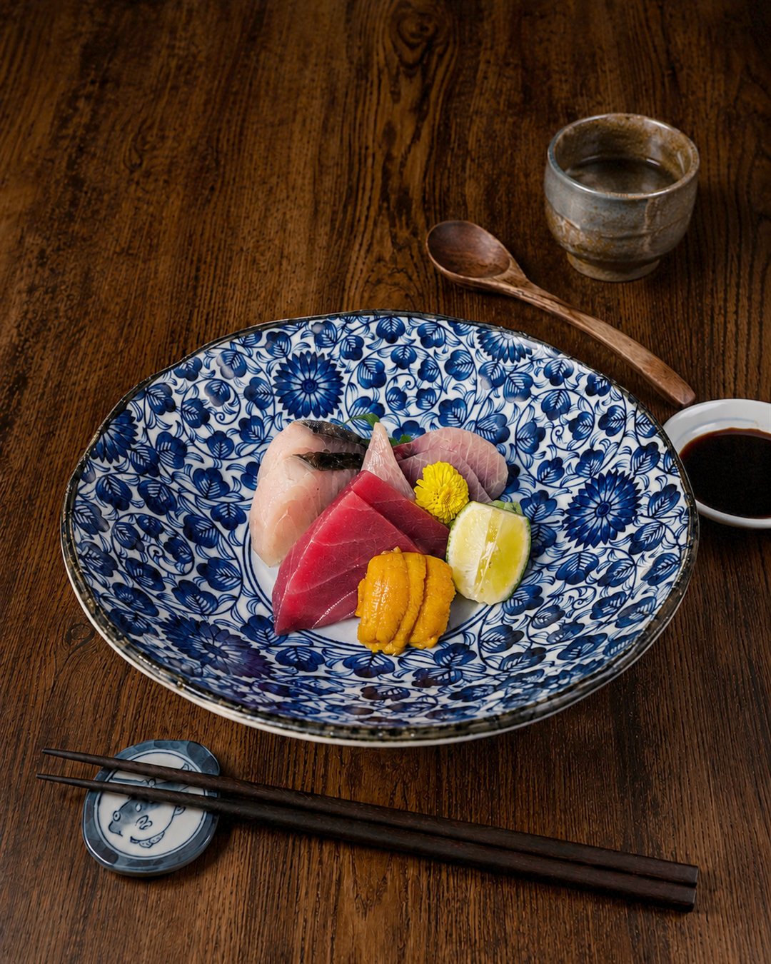 Assorted sashimi platter — tuna, uni and hamachi on a blue-and-white plate